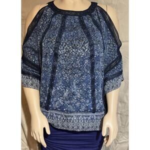 Elie Tahari L Silk Blouse Blue Cold Shoulder Metallic Embroidery Pleated Chiffon